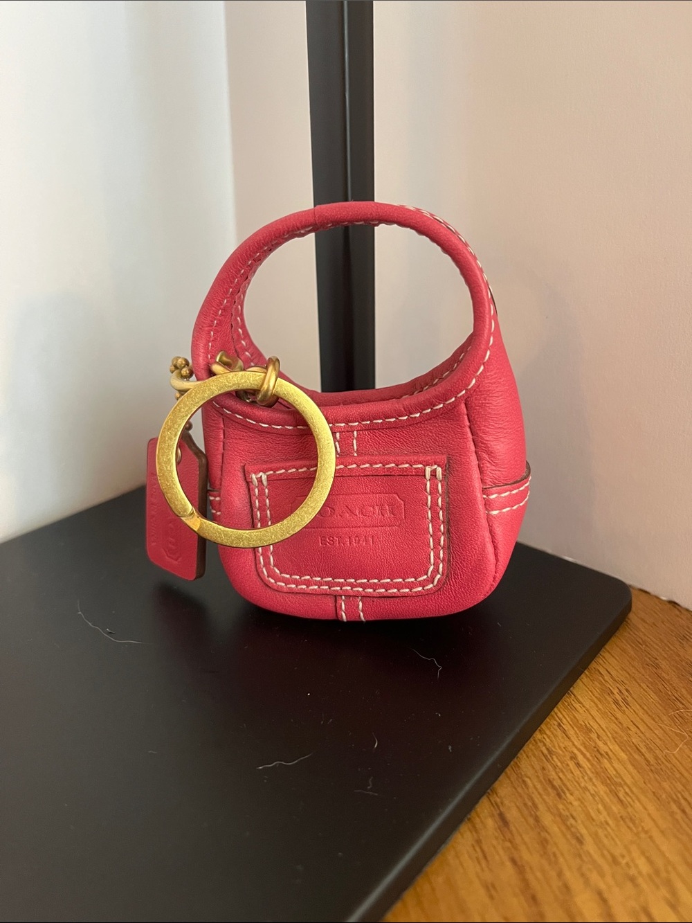 Vintage Coach Pink Mini Leather Bag Keyring, Key fob with Gold Ring.